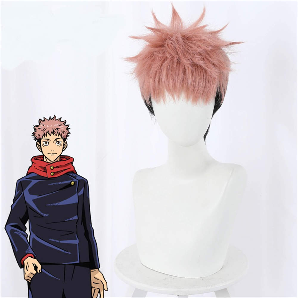 Anime Jujutsu Kaisen Cosplay Cheveux Yuji Itadori Perruque + Perruque GRATUITE Cap Couleur Rose Noir court Perruques -Takerlama