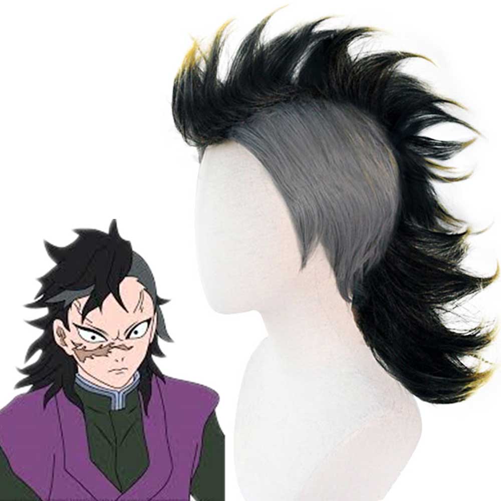 demon Slayer Kimetsu pas Yaiba Genya Shinazugawa cheveux courts Noir Jaune dégradé Mohawk style perruque cosplay-Takerlama
