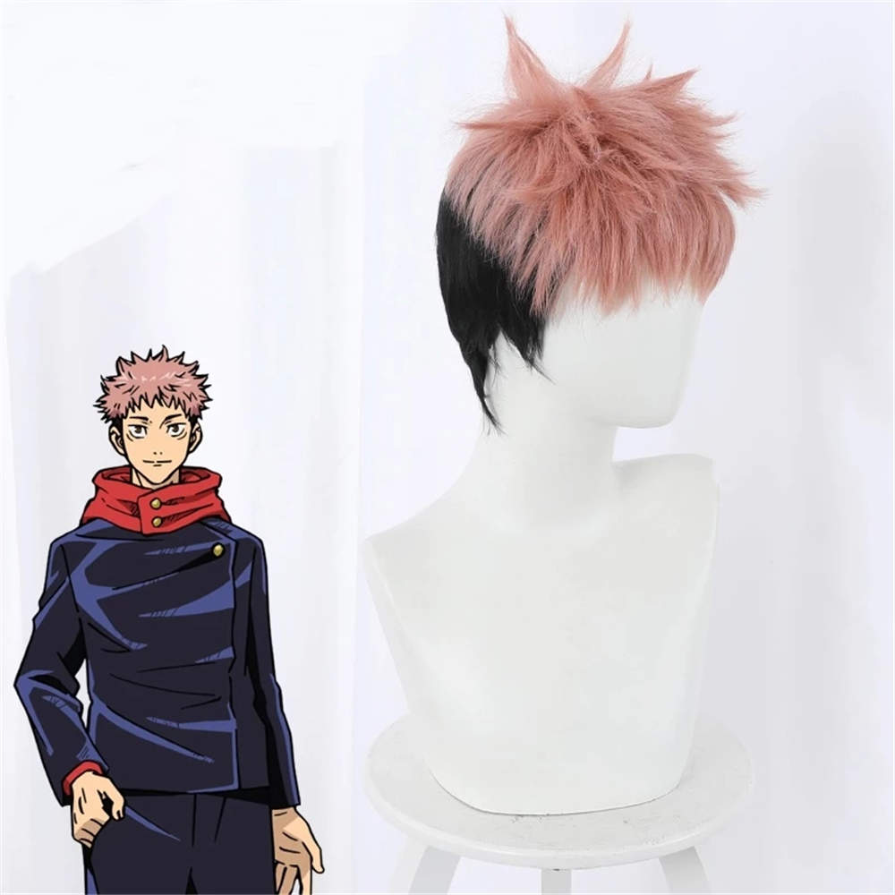 Anime Jujutsu Kaisen cheveux cosplay perruque Yuji itadori + Cap perruque gratuit Couleur Noir Rose court Perruques -Takerlama