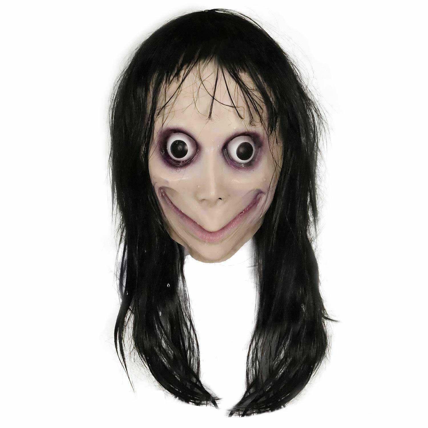 Masque de costume effrayant Momo avec cheveux longs Ring Halloween Cosplay Costume Party Props-Takerlama